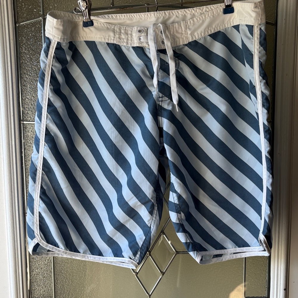 Split Blue and White Diagonal Striped Men's Swim Shorts